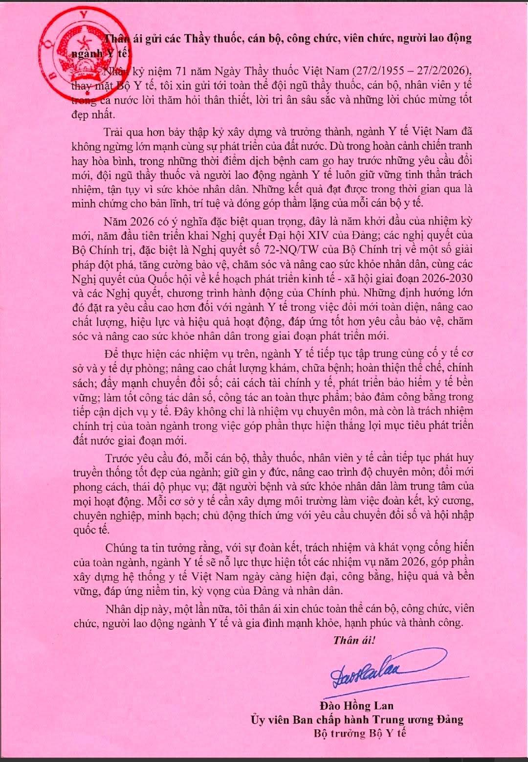 Toàn văn nội dung thư của Bộ trưởng Bộ Y tế Đào Hồng Lan gửi các thầy thuốc, cán bộ, công chức, viên chức, người lao động ngành Y tế nhân Ngày Thầy thuốc Việt Nam 27/2/2026


