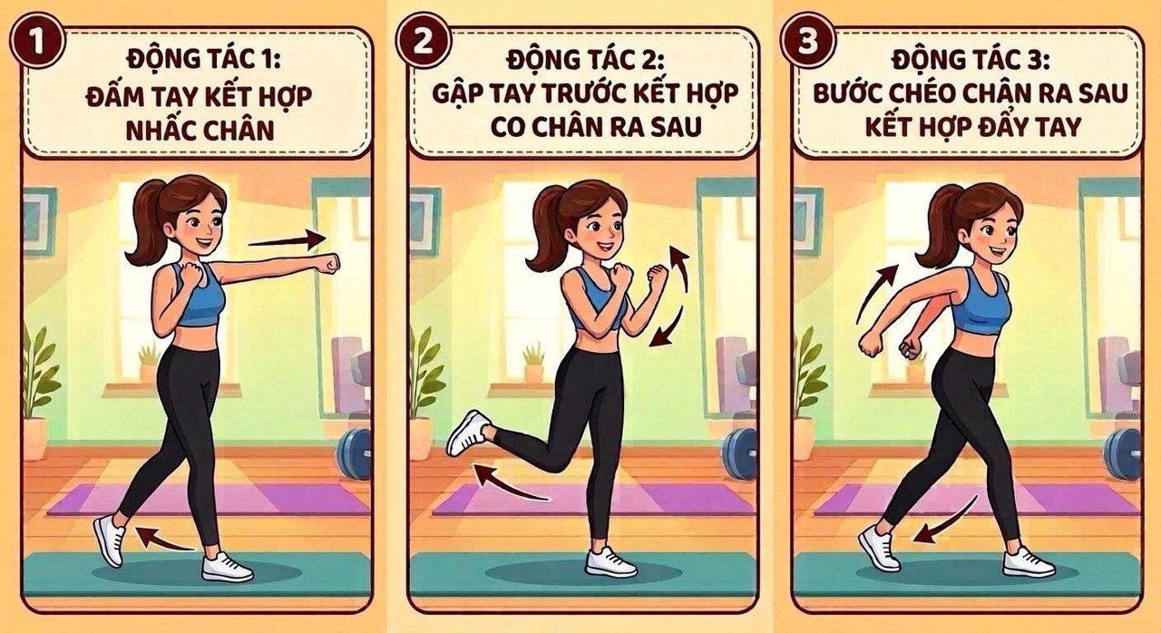 Hình ảnh minh họa 3 động tác từ gợi ý của huấn luyện viên Denise Austin