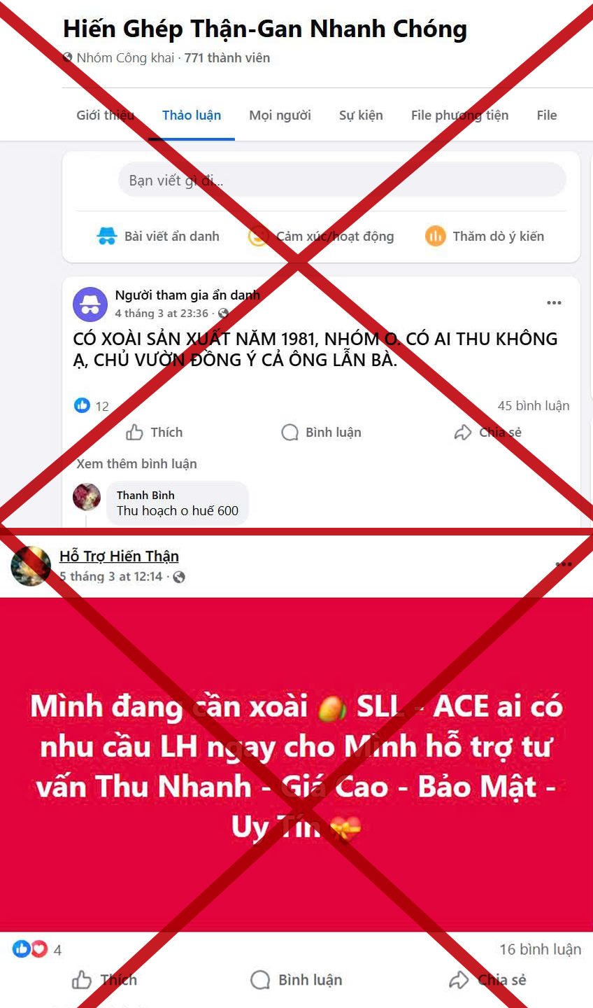 Đối tượng xấu đăng bài mua/bán tạng trên các hội nhóm để tìm “con mồi”