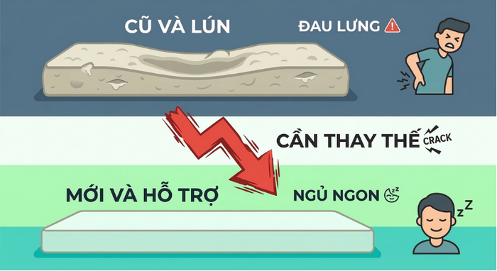 Nằm đệm lún (xẹp, trũng) không tốt cho sức khỏe vì nó phá vỡ đường cong sinh lý tự nhiên của cột sống, gây đau lưng, mỏi cổ vai gáy và giảm chất lượng giấc ngủ.