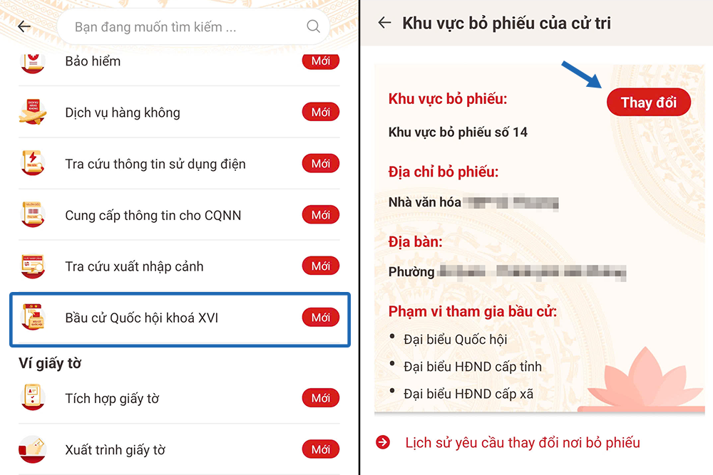 Tất cả cử tri có thể xem nơi bỏ phiếu, danh sách người tham gia ứng cử và thay đổi nơi bỏ phiếu trên VNeID