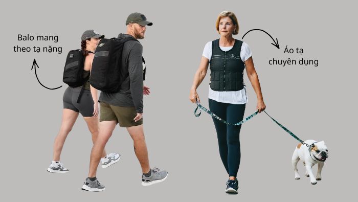 Người tập đi bộ với balo mang tạ hoặc áo tạ nặng cần giữ tư thế thẳng lưng