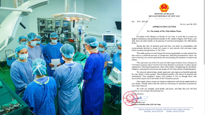 Bộ trưởng Bộ Y tế Đào Hồng Lan gửi thư nhấn mạnh sự trân trọng và biết ơn đối với nghĩa cử cao đẹp của gia đình - Ảnh: BVCC.