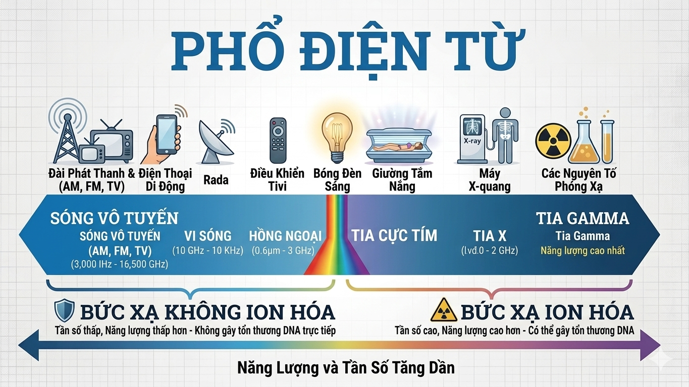 Biểu đồ phổ điện từ cho thấy vị trí của bức xạ điện thoại trong nhóm bức xạ không ion hóa (an toàn)