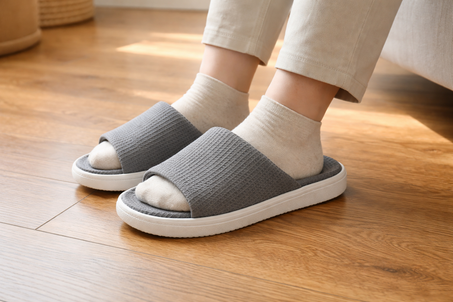 Dép đế cao su giúp tăng độ bám, hạn chế trơn trượt trên sàn gỗ