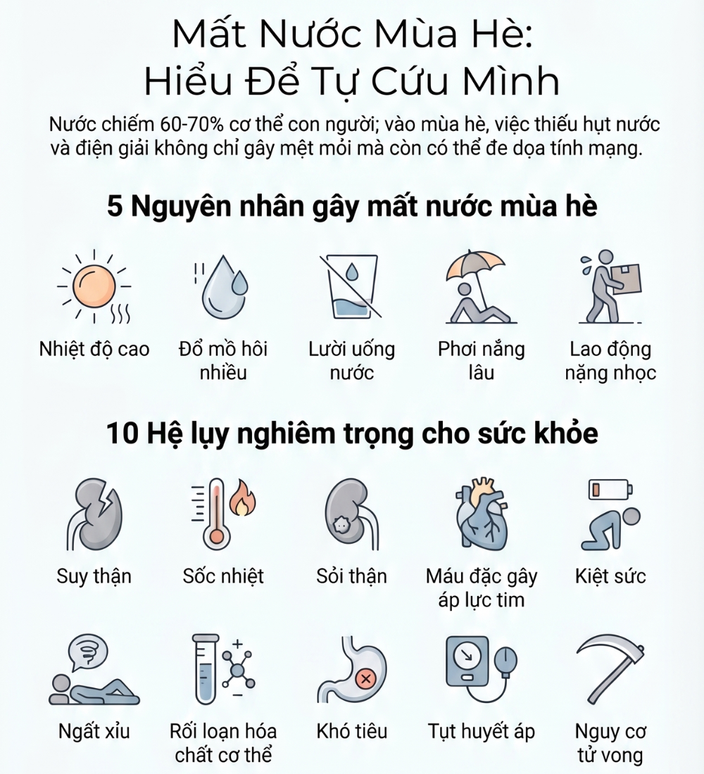Tình trạng mất nước có thể dẫn đến nhiều hệ lụy sức khỏe nghiêm trọng nếu không được xử lý kịp thời
