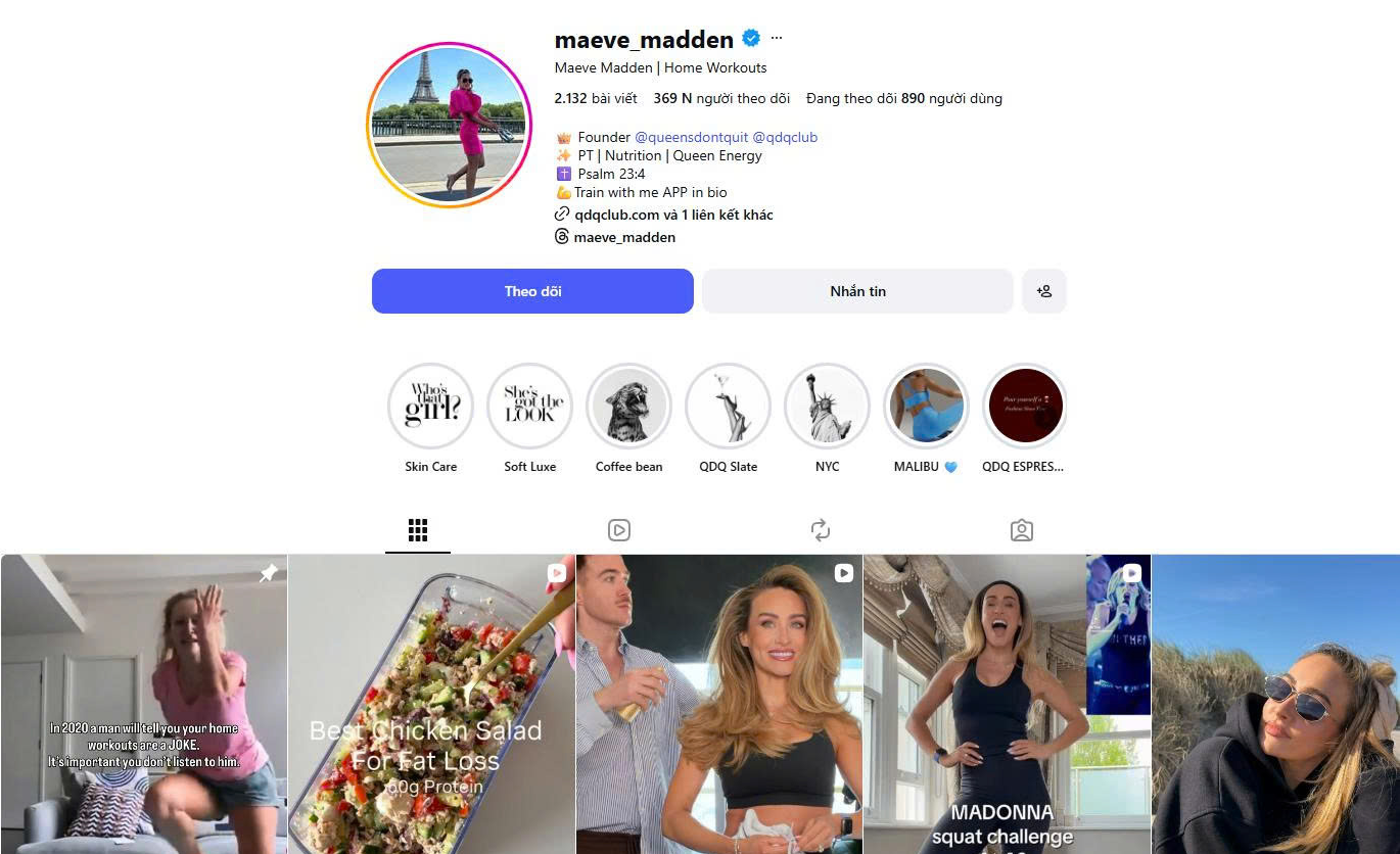 Nền tảng mạng xã hội Instagram của huấn luyện viên thể hình Maeve Madden