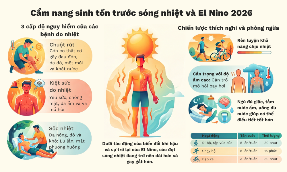 Nắng nóng gay gắt đi kèm với El Niño làm gia tăng nguy cơ mắc các bệnh do nhiệt - Đồ họa: Sức khỏe+