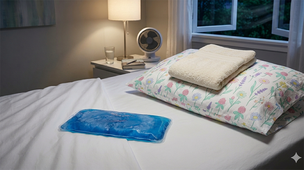 Dùng túi chườm gel lạnh hoặc khăn cotton làm lạnh đắp lên gối để làm mát trước khi ngủ - Minh họa bởi Gemini