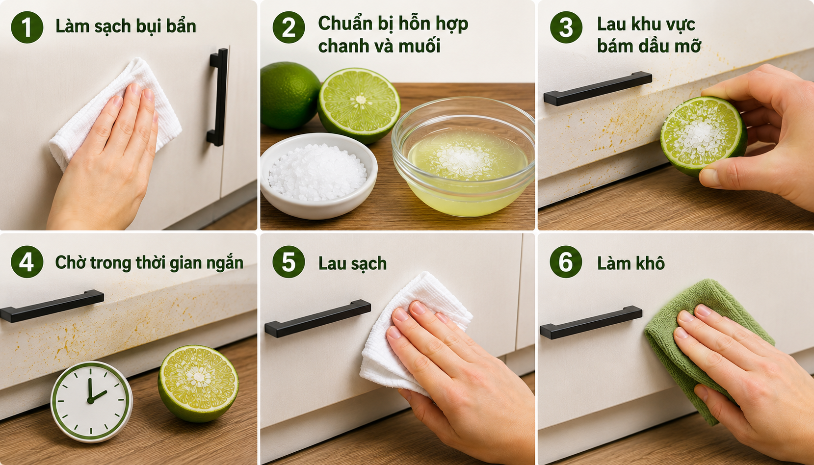Minh họa các bước làm sạch dầu mỡ trên bề mặt tủ bằng chanh và muối