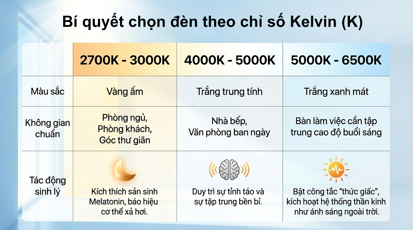 Chỉ số Kelvin (K) trên vỏ hộp bóng đèn là con số biểu thị nhiệt độ màu của ánh sáng, đóng vai trò quan trọng trong việc điều chỉnh đồng hồ sinh học và mức năng lượng của cơ thể.