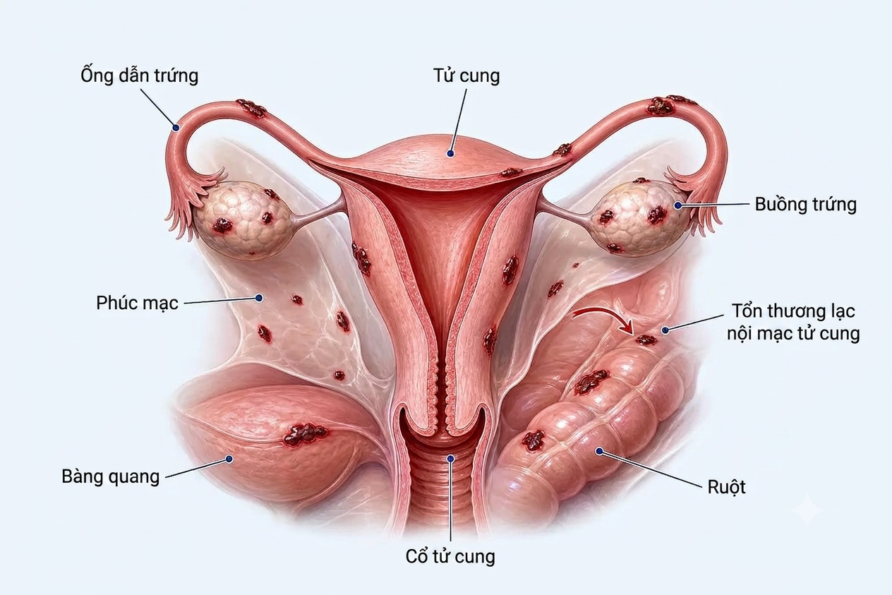 Vị trí ổ lạc nội mạc tử cung trong cơ thể rất đa dạng, gây ra đau bụng kéo dài
