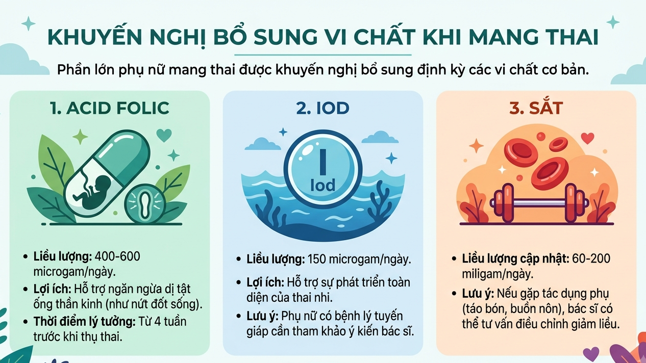 Acid folic, iod và sắt là ba vi chất thiết yếu được khuyến nghị bổ sung trước thai kỳ theo hướng dẫn của bác sĩ