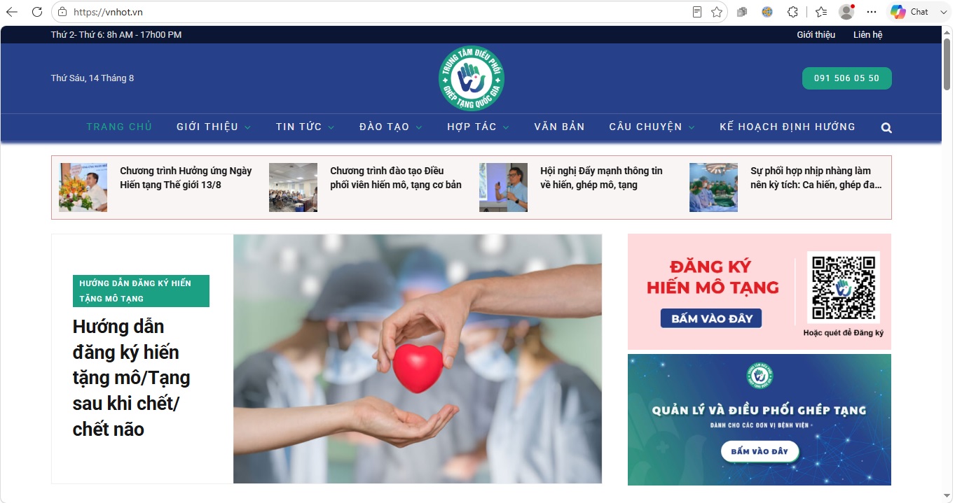 Giao diện Website Trung tâm Điều phối ghép tạng Quốc gia tại địa chỉ:  https://vnhot.vn/ - Ảnh chụp màn hình
