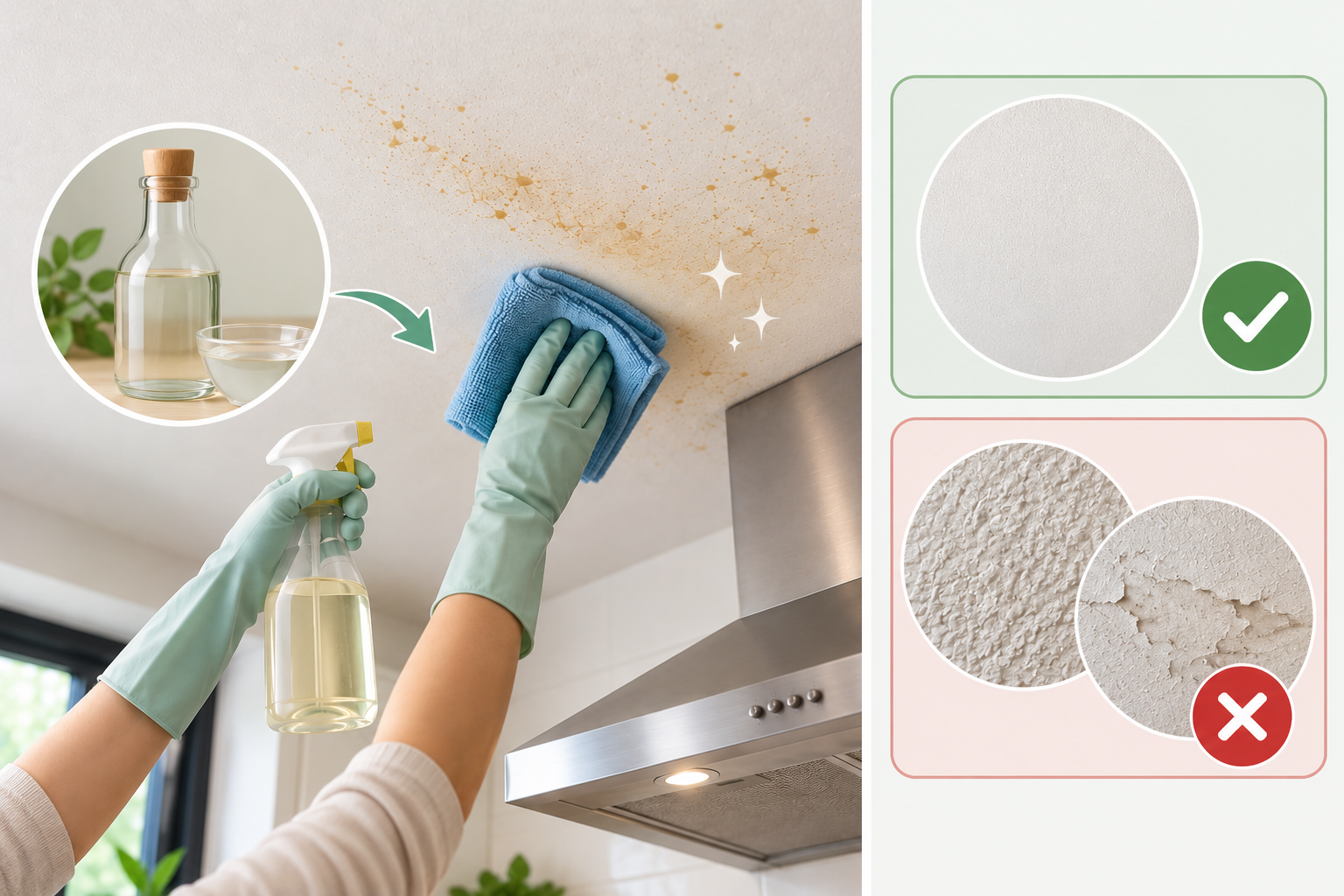 Giấm giúp làm sạch dầu mỡ hiệu quả nhưng không nên dùng trên trần có bề mặt sần sùi