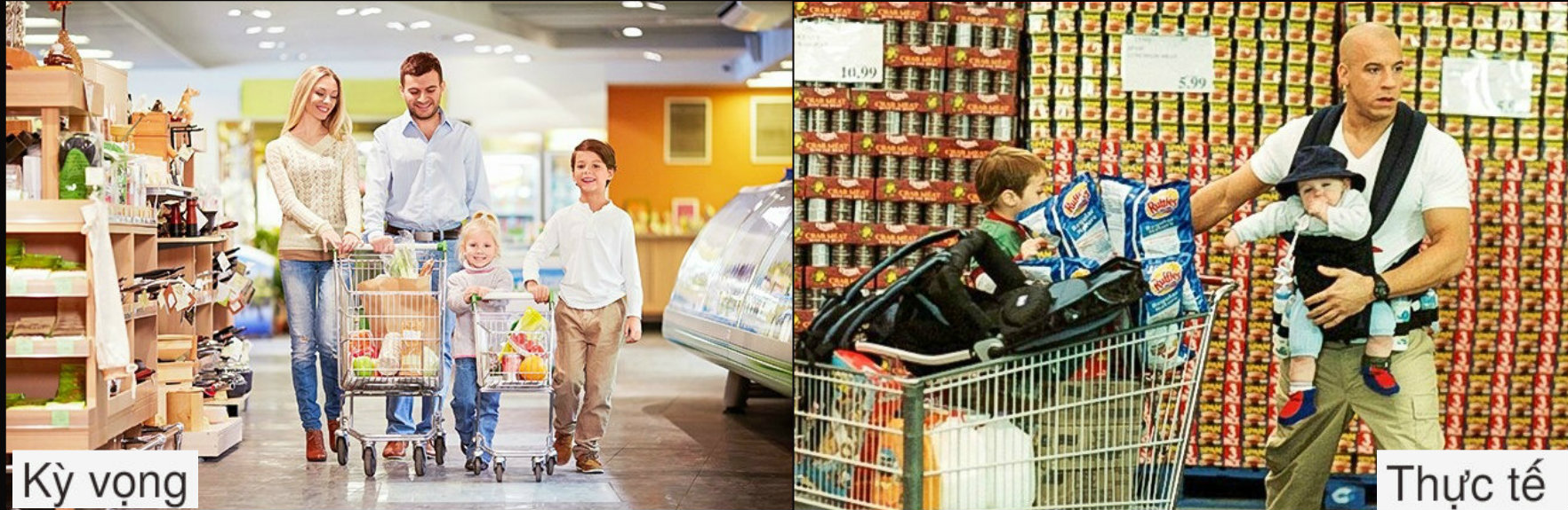 Cả nhà vui vẻ đi siêu thị có nghĩa là bạn sẽ đẩy bọn trẻ trong xe nếu muốn mua được đúng và đủ số thực phẩm bạn muốn