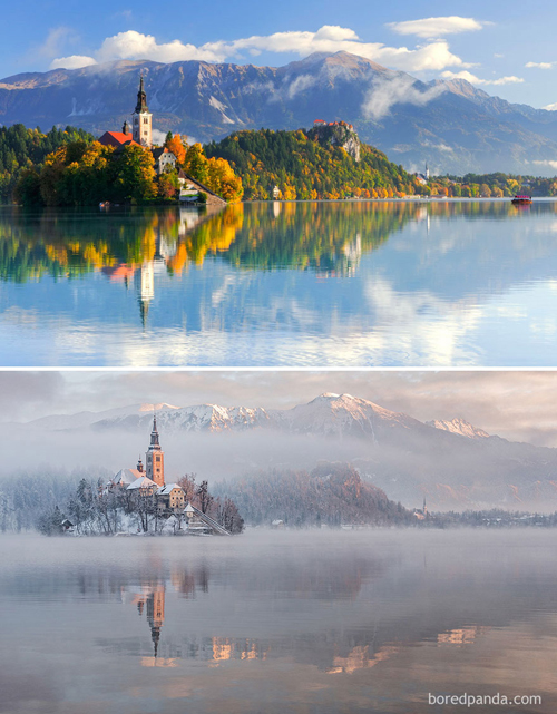 Hồ Bled ở Slovenia vào mùa đông mang một vẻ đẹp mơ màng trầm mặc hơn bởi chỉ có màu trắng của sương khói và màu nâu của cây cỏ và gạch ngói.