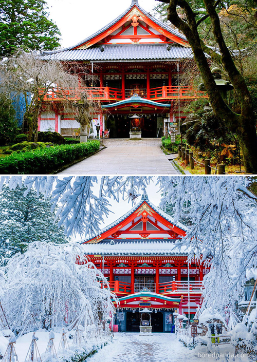  Ngôi đền Natadera ở Komatsu, Nhật Bản khi mùa đông đến cũng được phủ một màu trắng của tuyết, từ những cành cây, lối đi cho tới từng lớp mái ngói cũ kỹ. 