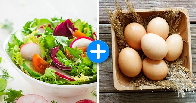 Rau xanh + trứng: Ăn trứng giúp tăng cường sự hấp thụ carotenes (một tiền chất của vitamin A cũng là nguyên tố giúp tạo màu trong rau xanh), khi kết hợp trứng với rau xanh, hàm lượng carotene được nhân đôi, nhờ đó quá trình giảm cân diễn ra nhanh hơn.
