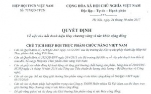 Thu hồi 2 danh hiệu Huy chương Vàng vì sức khỏe cộng đồng