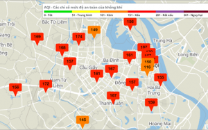 Màu đỏ bao trùm bản đồ chất lượng không khí Hà Nội