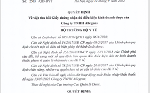 Thu hồi Giấy chứng nhận đủ điều kiện kinh doanh dược của Công ty TNHH Allegens
