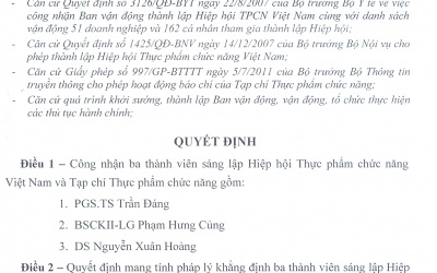 Công nhận thành viên sáng lập Hiệp hội TPCN và Tạp chí TPCN