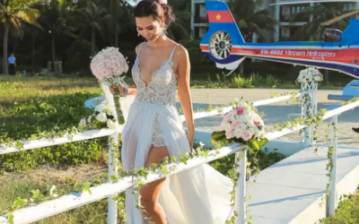 Tròn mắt ngắm Hà Anh đi trực thăng, mặc váy siêu sexy trong lễ cưới