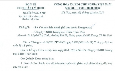 Đình chỉ lưu hành 12 mỹ phẩm của Công ty Thiên Thủy Mộc