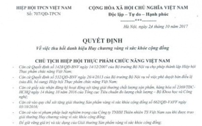 Thu hồi 2 danh hiệu Huy chương Vàng vì sức khỏe cộng đồng