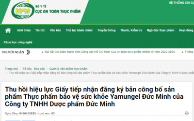 Thu hồi hiệu lực Giấy tiếp nhận đăng ký bản công bố sản phẩm Yamungel Đức Minh