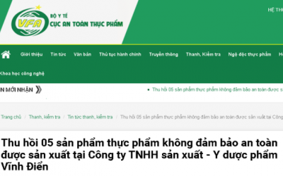 Thu hồi hàng loạt sản phẩm của Y dược phẩm Vĩnh Điển do không đảm bảo an toàn thực phẩm