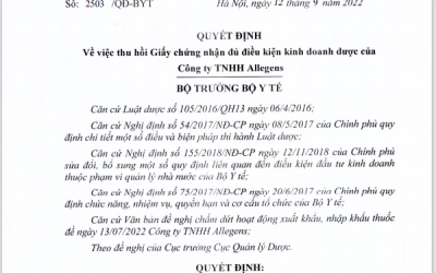 Thu hồi Giấy chứng nhận đủ điều kiện kinh doanh dược của Công ty TNHH Allegens