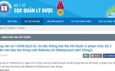 Thu hồi toàn quốc lô thuốc Rabesta 20 do không đạt chất lượng