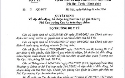 Bộ Y tế điều động, bổ nhiệm Phó Cục trưởng Cục An toàn thực phẩm