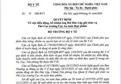 Bộ Y tế điều động, bổ nhiệm Phó Cục trưởng Cục An toàn thực phẩm