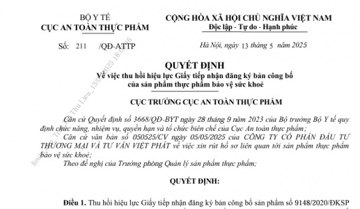 Thu hồi hiệu lực Giấy tiếp nhận công bố và Giấy xác nhận nội dung quảng cáo