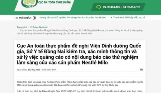Cục An toàn thực phẩm yêu cầu làm rõ quảng cáo sản phẩm Nestlé Milo