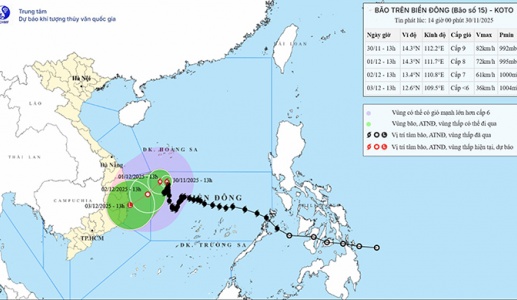 Bão số 15 hướng vào vùng biển từ Gia Lai đến Khánh Hòa 