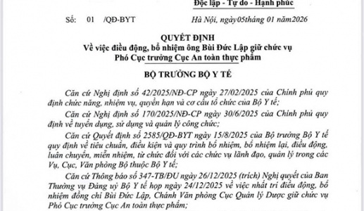 Bộ Y tế điều động, bổ nhiệm Phó Cục trưởng Cục An toàn thực phẩm