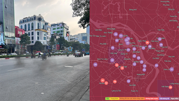 Màu tím áp đảo bản đồ chất lượng không khí Hà Nội